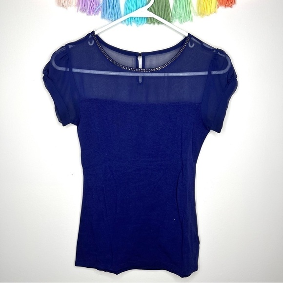 Express Blue Short Sleeve Mesh Formal Dressy Business Casual Blouse Extra Small - Picture 14 of 14